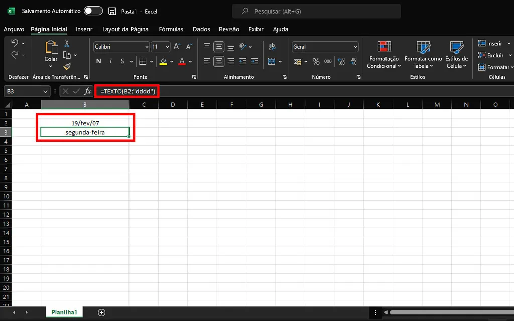 Veja como colocar dia da semana no Excel convertendo uma data para texto (Captura de tela: Matheus Bigogno)