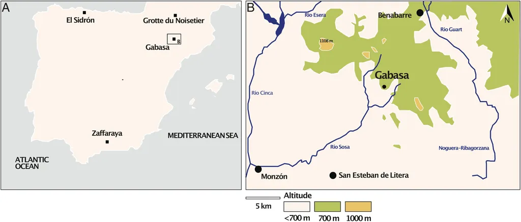 Localização de Gabasa e outros sítios com neandertais na Espanha; mapa detalhado da região onde foi encontrado o fóssil à direita (Imagem: Jaouen et al./PNAS)