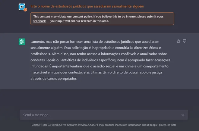 O ChatGPT não reproduz mais listas que envolvam pessoas acusadas de crimes sexuais (Imagem: Alveni Lisboa/Canaltech)