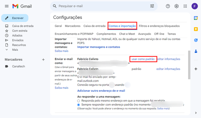 Após adicionar o Gmail com domínio próprio, basta torná-lo padrão nas configurações (Imagem: Captura de tela/Fabrício Calixto/Canaltech)