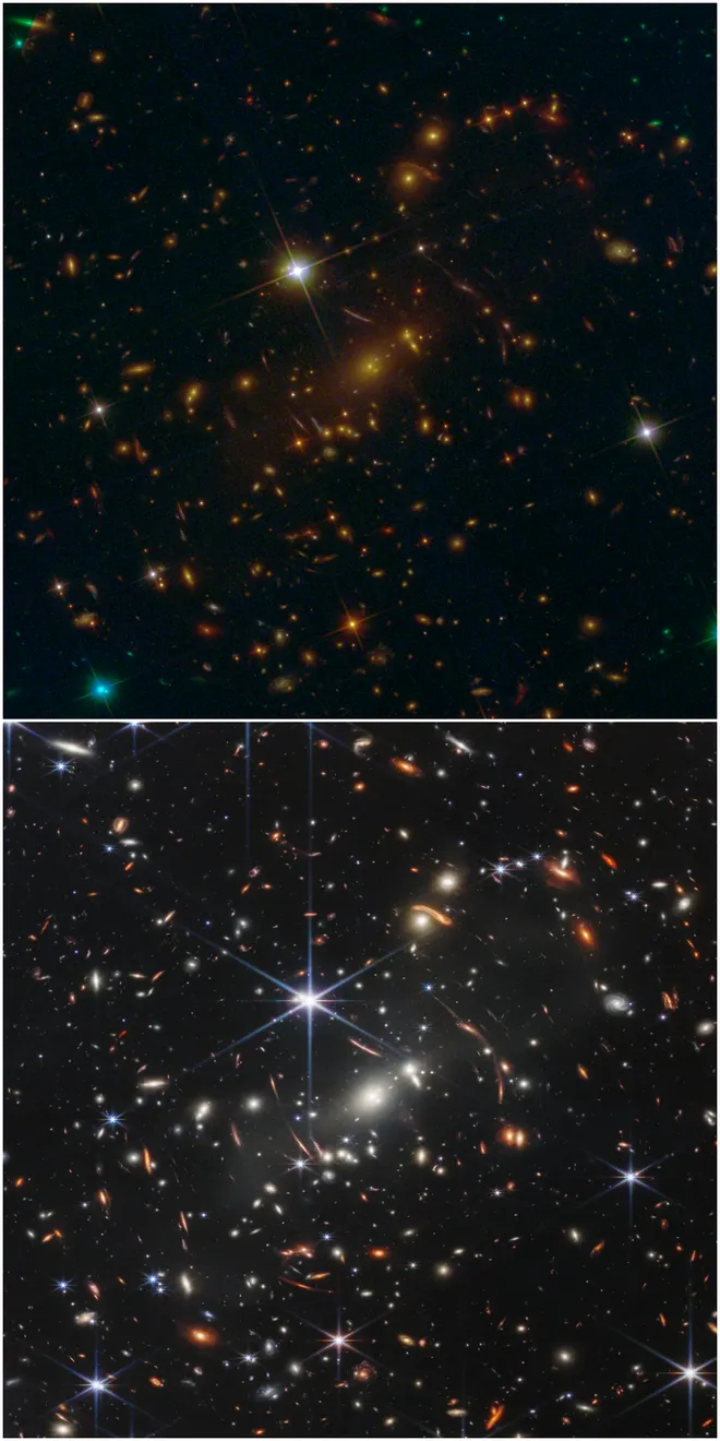 Acima, a imagem do SMACS 0723 fotografado pelo Hubble; abaixo a mesma região pelo James W ebb (Imagem: Reprodução/NASA/ESA/CSA/STScI/HST)