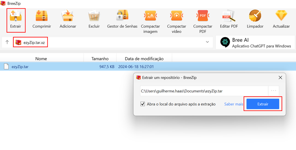 O BreeZip é uma solução para abrir arquivos TAR.XZ no Windows (Imagem: Captura de tela/Guilherme Haas/Canaltech)
