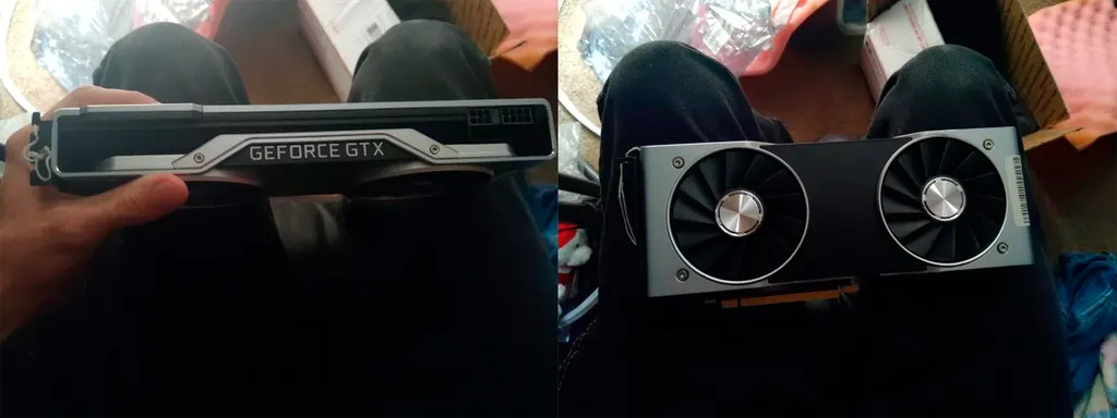 O protótipo possui o visual de uma GeForce RTX 2080, mas não possui nome e apresenta as marcações "GeForce GTX" na lateral (Imagem: ascendance22/Reddit)