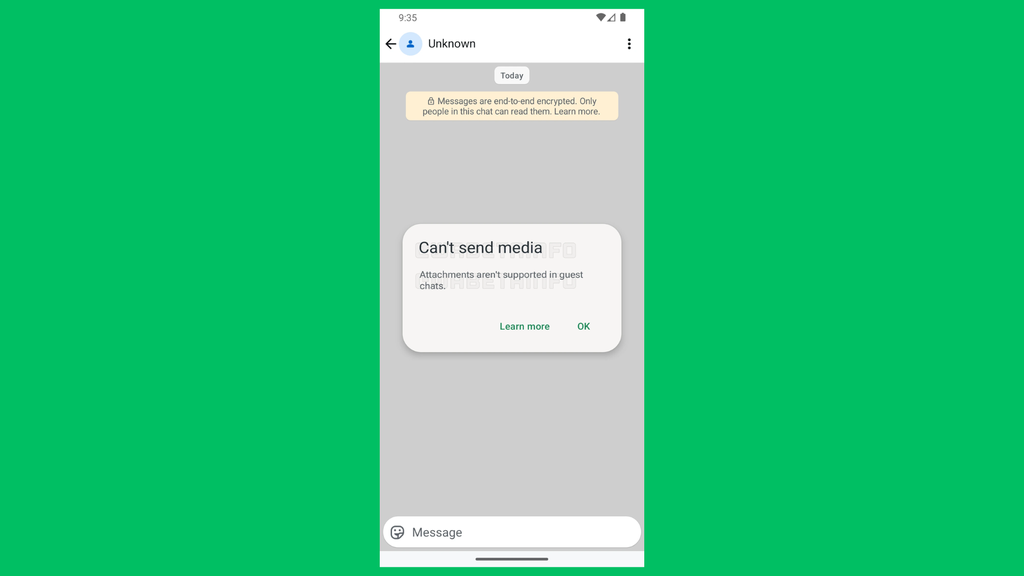 WhatsApp testa modo convidado para conversar com quem não tem conta 1 Captura de tela mostrando erro ao tentar enviar mídia no modo convidado do WhatsApp, com mensagem de limitação