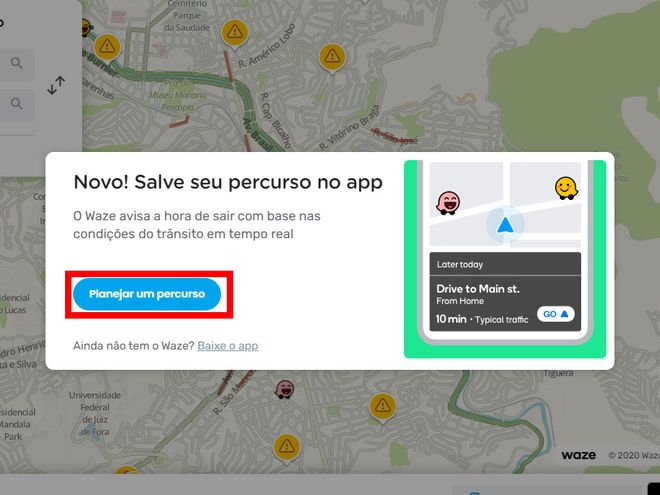 Abra o site do Waze Live Map e clique em "Planejar um percurso" (Captura de tela: Matheus Bigogno)