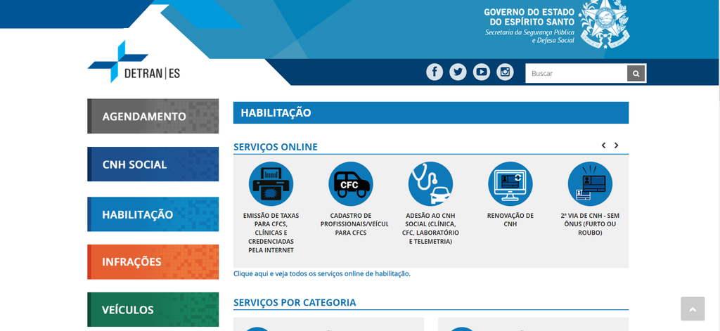 O site do Detran ES permite que você renove sua carteira de habilitação (Imagem: Captura de tela/Fabrício Calixto/Canaltech)