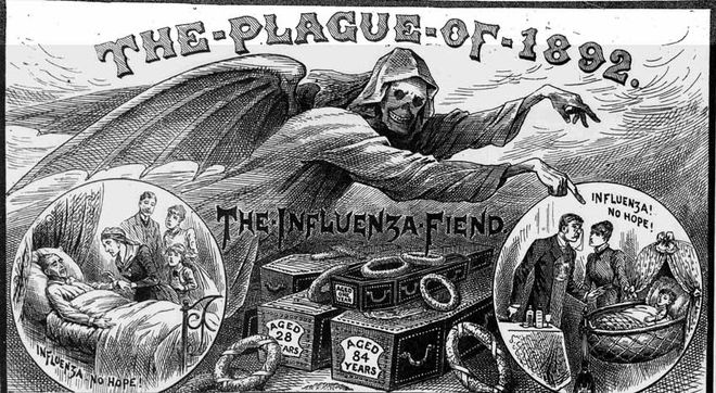 Ilustração de 1892, do antigo tabloide inglês The Illustrated Police News, retratava a Gripe Russa como "sem esperança" (Imagem: The British Library Board)