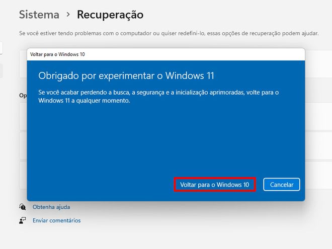 Clique em "Avançar" e, por fim, em "Voltar para o Windows 10" (Captura de tela: Matheus Bigogno)