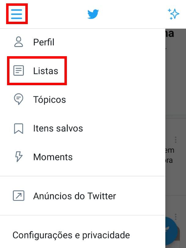 Abra o app do Twitter, acesse o menu lateral e clique em "Listas" (Captura de tela: Matheus Bigogno)