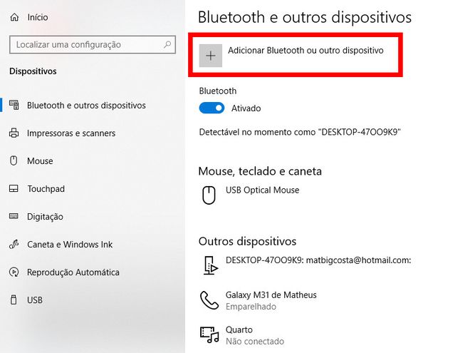 Acesse a aba "Bluetooth e outros dispositivos" e clique em "Adicionar Bluetooth ou outro dispositivo" (Captura de tela: Matheus Bigogno)