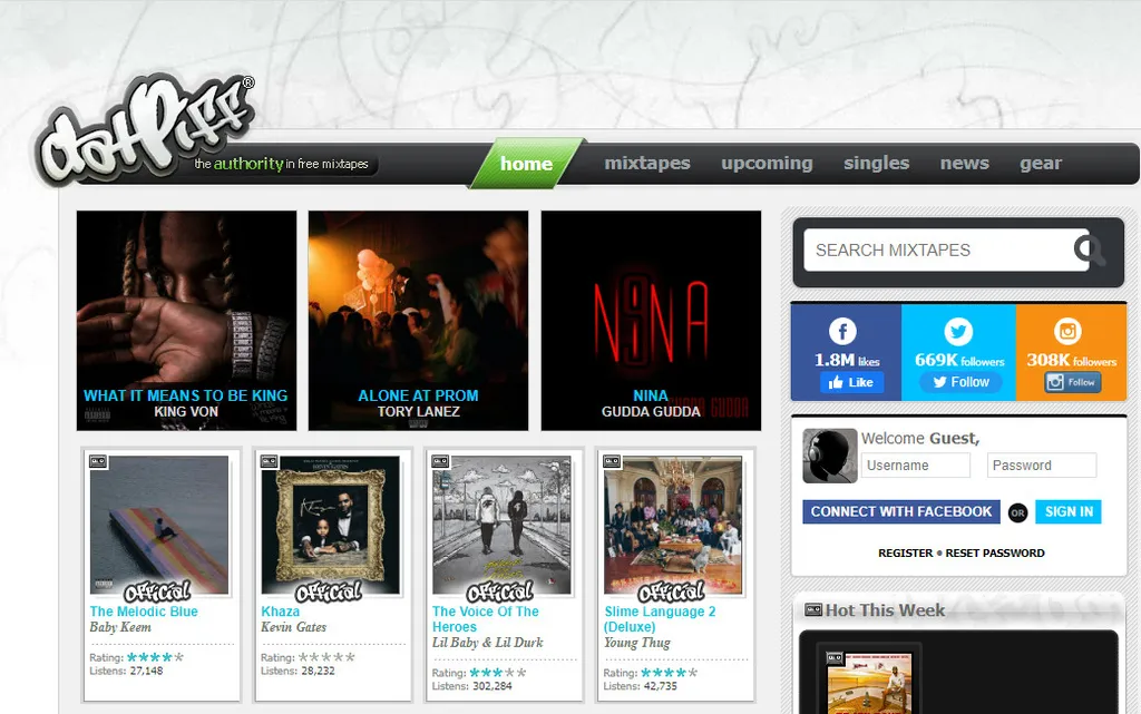 O DatPiff traz uma seleção de músicas gratuitas para fãs de Rap e Hip-Hop (Captura de tela: Matheus Bigogno)