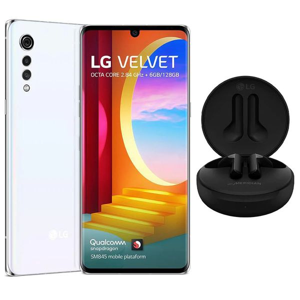 Smartphone LG Velvet Aurora White 128GB, 6GB RAM, Tela de 6.8”, Câmera Traseira Tripla, Android 10, Fone de Ouvido LG Tone Free