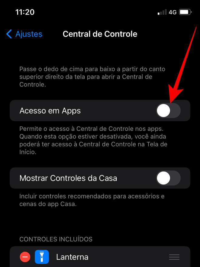 Desative o seletor para bloquear a Central de Controle em aplicativos - Captura de tela: Thiago Furquim (Canaltech)