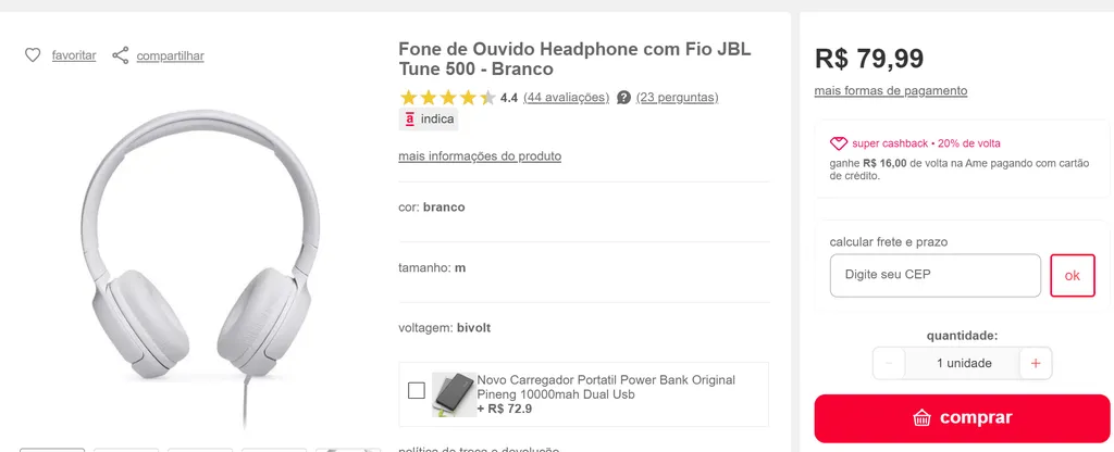 Fone de Ouvido Headphone com Fio JBL Tune 500 - Branco [CASHBACK AME