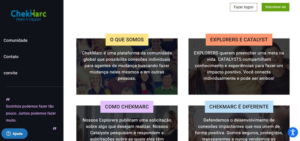 A home page da rede social CheckMarc mostra algumas informações sobre a plataforma e conta com os comandos para inscrever ou fazer login (Imagem: Reprodução/ChekMarc)