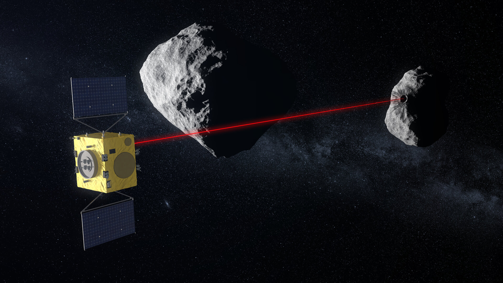 Missão Hera escaneando o asteroide Dimorphos com um altímetro a laser (Imagem: Reprodução/ESA - ScienceOffice.org)