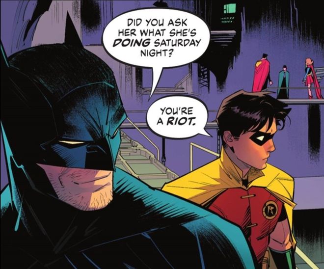 Batman canastrão sugerindo que o Robin convide a Supergirl para um encontro (Imagem: Reprodução/DC Comics)