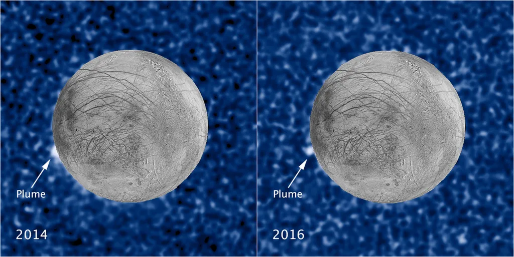 A Juno pode ajudar a esclarecer a origem do vapor d'água em Europa (Imagem: Reprodução/NASA/ESA/W. Sparks (STScI)/USGS Astrogeology Science Center)