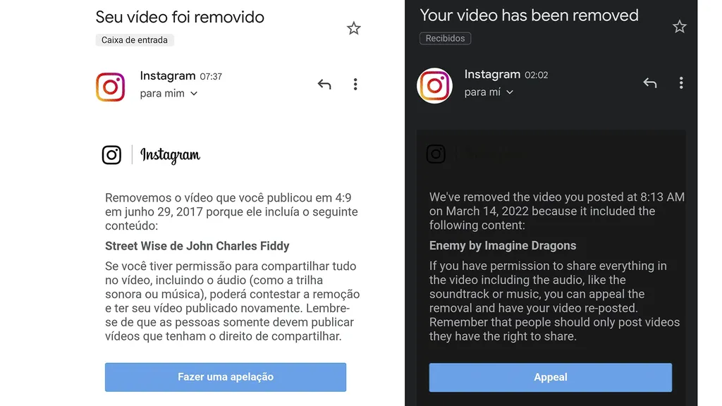 Até vídeos antigos estão sendo removidos pelo Instagram por violação de direitos autorais, sendo que a própria ferramenta (Imagem: Reprodução/Twitter)