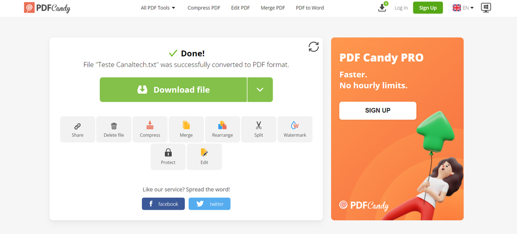 A interface do PDF Candy permite converter TXT em PDF de forma fácil e rápida (Imagem: Captura de tela/Fabrício Calixto/Canaltech)