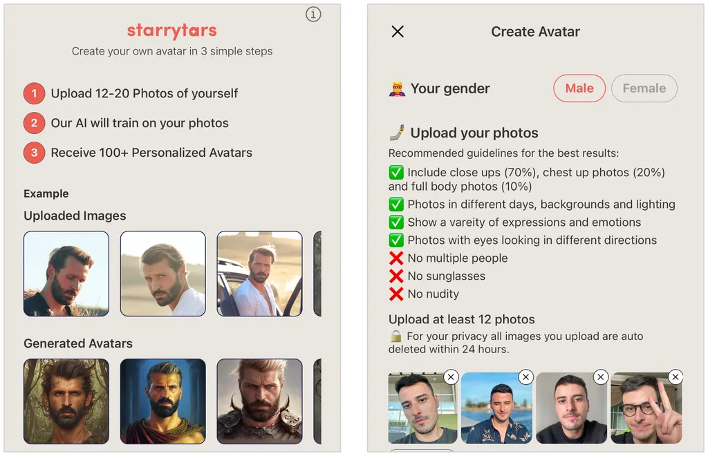 Similar ao Lensa, starrytars faz todo o trabalho na hora de gerar avatares por IA (Captura de tela: Caio Carvalho)