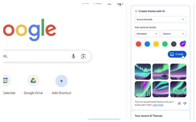 IA do Google Chrome pode criar temas para o navegador a partir de prompts, cores ou imagens indicadas pelo usuário (Imagem: Divulgação/Google)