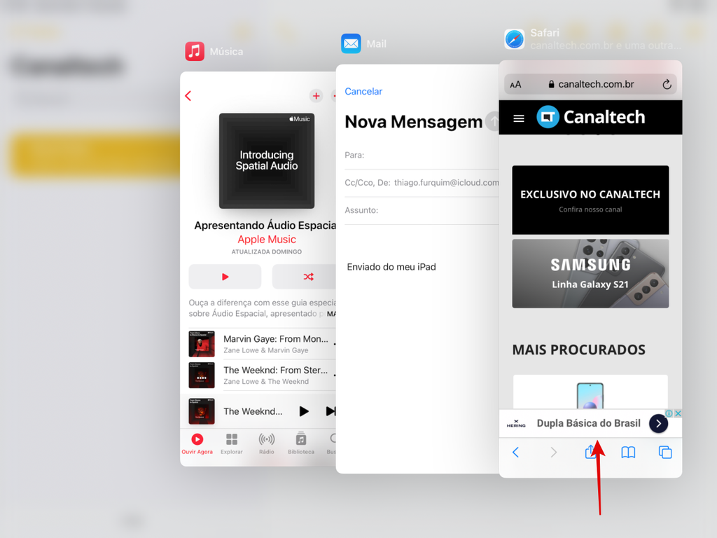 Arraste a barra inferior para cima para abrir o Multitarefa do Slide Over e feche os apps que você desejar - Captura de tela: Thiago Furquim (Canaltech)