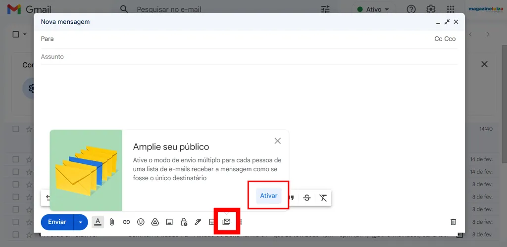 Ative o modo de envio múltiplo ao começar um novo e-mail (Imagem: Captura de tela/Guilherme Haas/Canaltech)