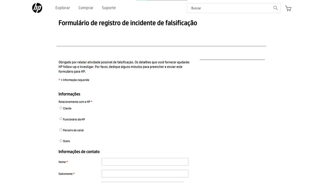 HP tem um formulário para relatos de falsificação de cartuchos (Imagem: Reprodução/HP)