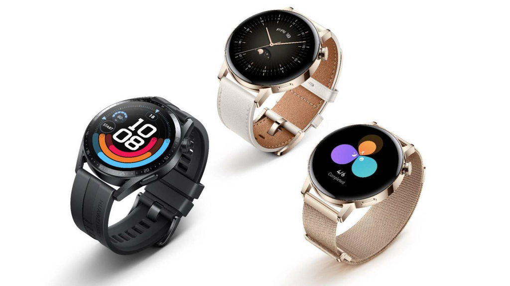 Smartwatch mais premium da Huawei, o Watch GT 3 chega nos tamanhos de 42 mm e 46 mm, em versões Clássico e Active (Imagem: Huawei)