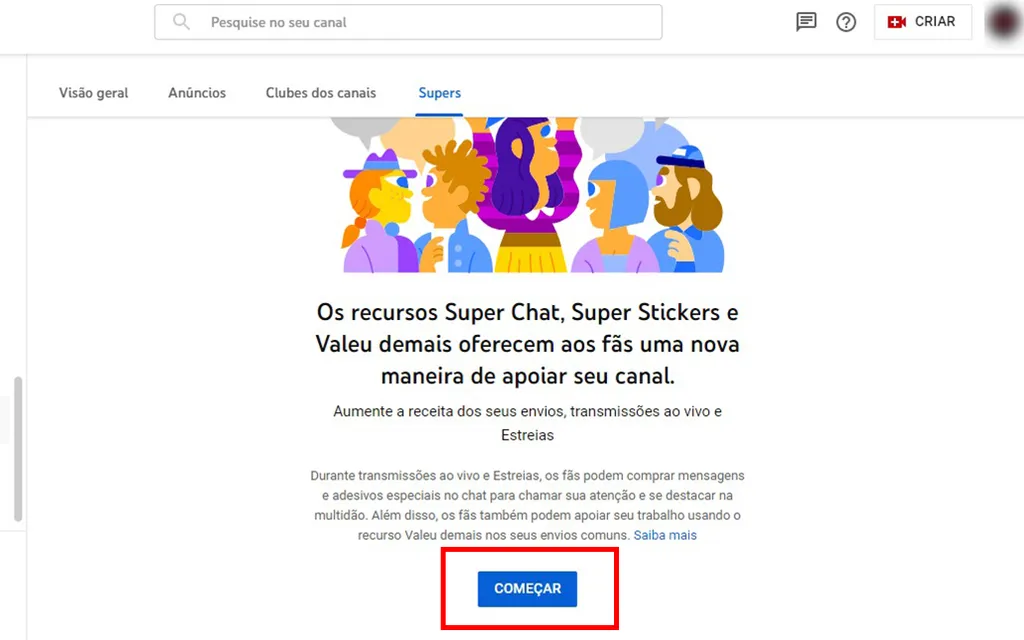 Avance para ativar o Super Chat no seu canal do YouTube (Captura de tela: André Magalhães)