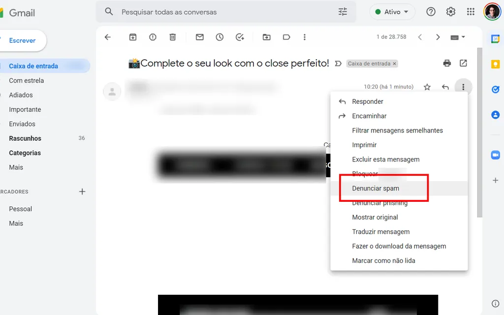 Denuncie um e-mail como spam no Gmail (Captura de tela: André Magalhães)
