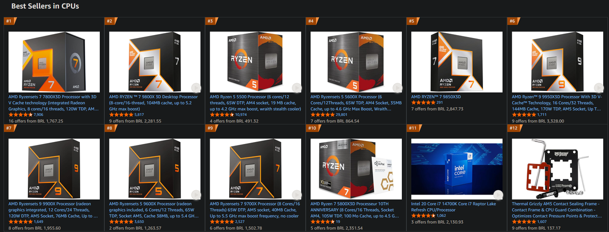 CPUs AMD Ryzen mais vendidos