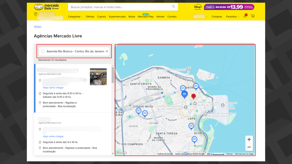 Captura de tela do site do Mercado Livre para mostrar como encontrar agências