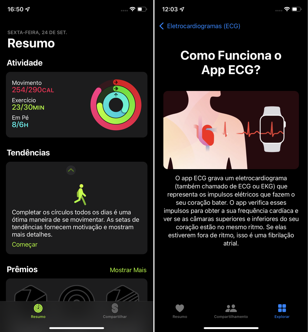 Apple Watch monitora atividades com os círculos coloridos e agora tem ECG (Imagem: Felipe Junqueira/Captura de tela)