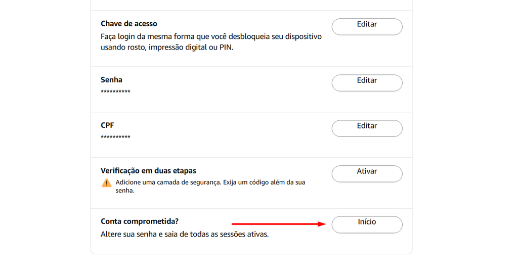 Quando você suspeitar de atividades suspeitas na sua conta, acesse essa tela e clique no botão Início, como descrito logo acima (Imagem: Amazon)
