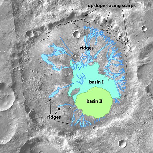 Mapa indicando onde a água fluía e acumulava no fundo da cratera (Imagem: Reprodução/Brown University)