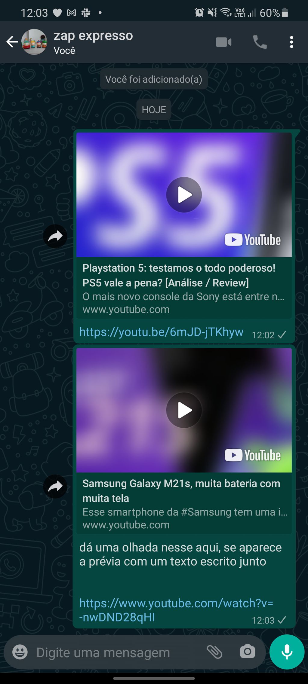Exemplos de prévia do YouTube funcionando no WhatsApp (Imagem: Felipe Junqueira/Captura de tela)