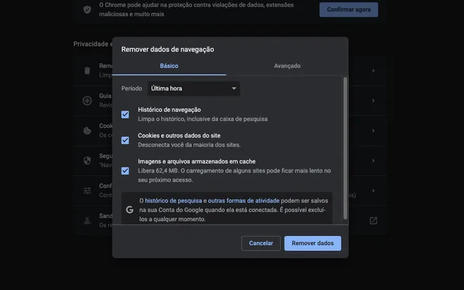 Chrome tem menu para apagar cookies, histórico e cache de navegação (Captura de tela: Caio Carvalho)