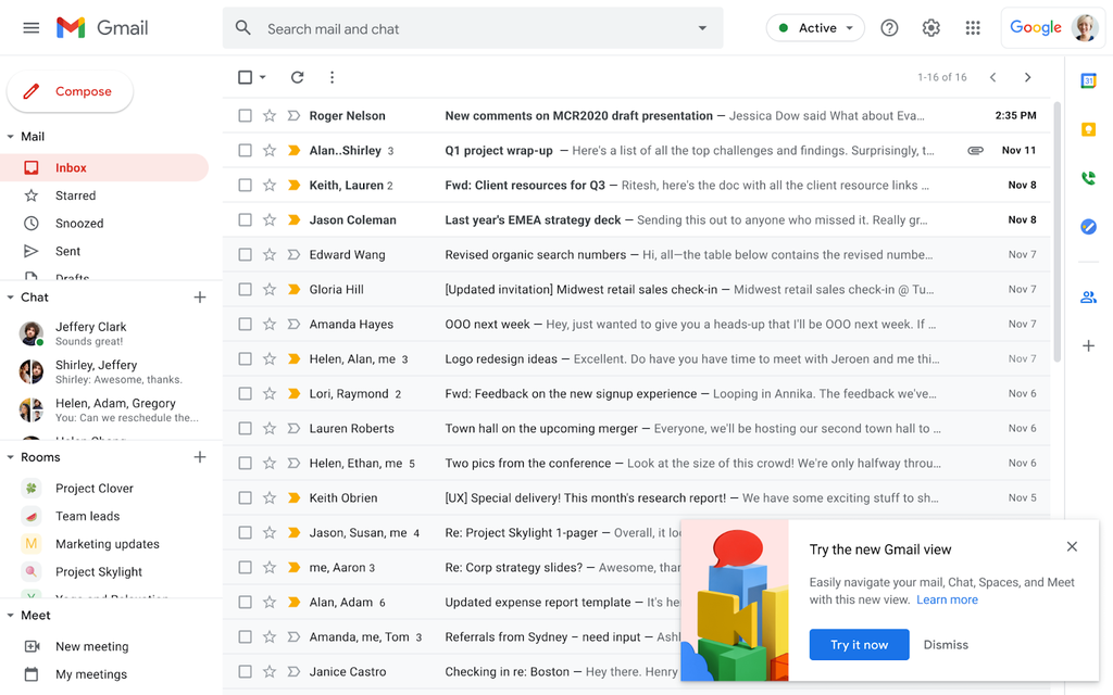 A notificação para experimentar o visual atualizado do Gmail deve começar a surgir para o usuário na próxima semana (Imagem: Reprodução/Google)