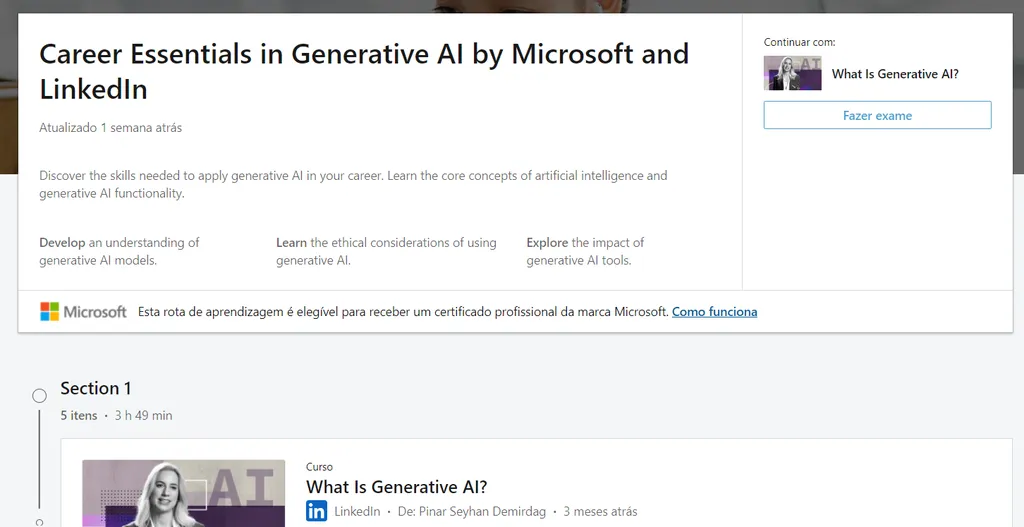 Visão geral do curso sobre IA generativa da Microsoft e do LinkedIn (Imagem: Captura de tela/André Magalhães/Canaltech)