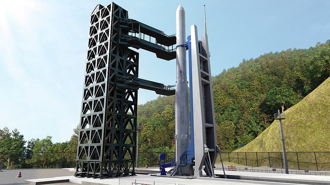 Representação artística do veículo KSLV-2 (Imagem: Reprodução/Korea Aerospace Research Institute)