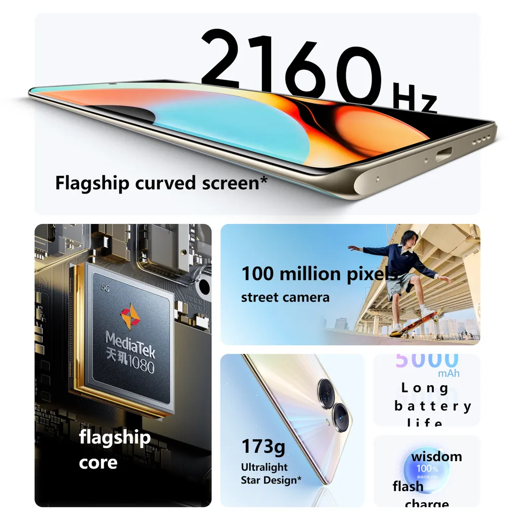 Além do visual mais premium, o Realme 10 Pro Plus traz chip Dimensity 1080, tela AMOLED de 120 Hz com PWM de 2.160 Hz e bateria de 5.000 mAh com recarga de 67 W (Imagem: Realme)