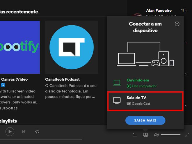 Conecte o Chromecast na mesma rede Wi-Fi do seu PC ou Mac e clique nele no menu aberto (Captura de tela: Matheus Bigogno)