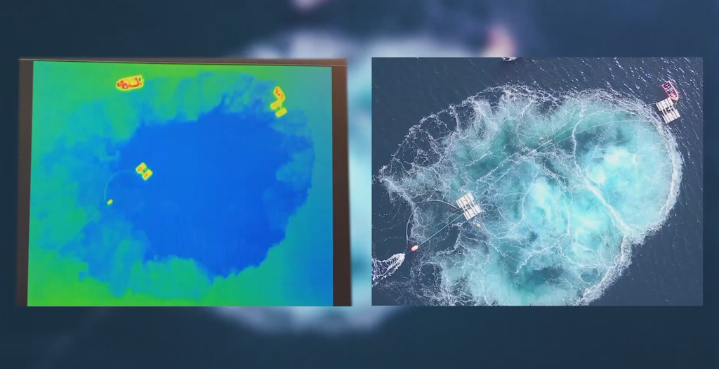 À direita, a mesma imagem revela a mudança de temperatura na superfície do mar (Imagem: Reprodução/OceanTherm)