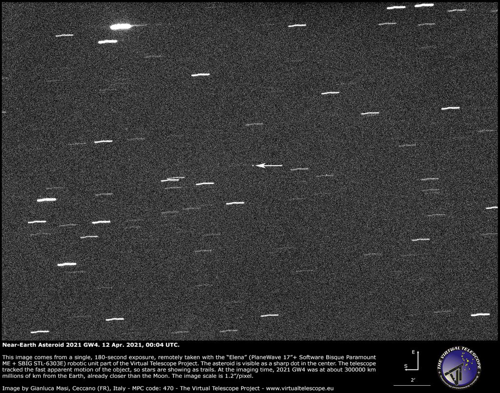 O asteroide está indicado com a seta branca no centro da imagem (Imagem: Reprodução/Gianluca Masi/The Virtual Telescope Project)