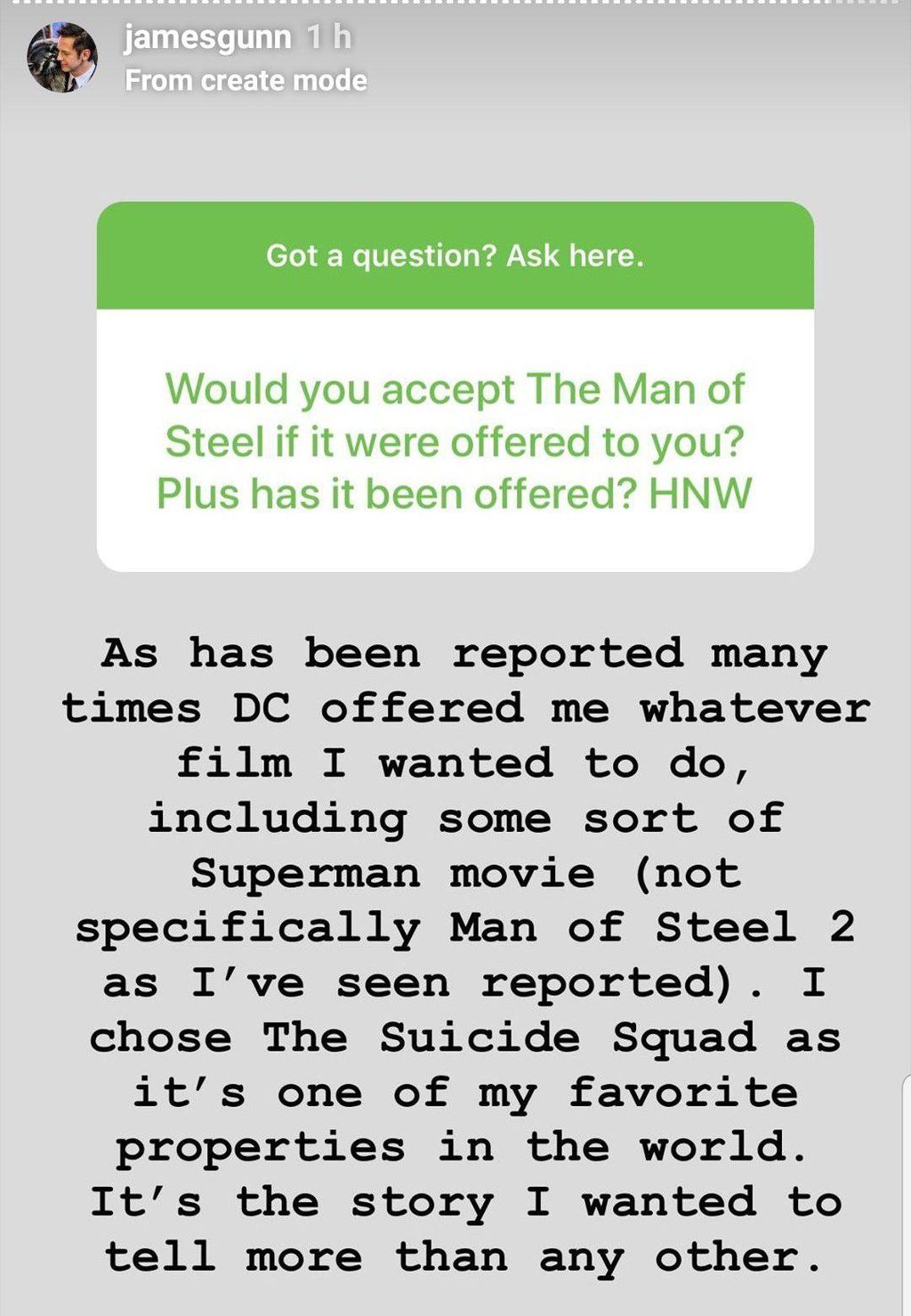 Print de suposto Stories de Gunn que confirma a recusa de um filme do Super-Homem (Imagem: Reddit)