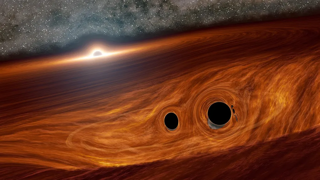 Dois buracos negros de massa estelar orbitam em um disco plano de gás ao redor de um buraco negro supermassivo (Imagem: Reprodução/NASA/Caltech/R. Hurt (IPAC)