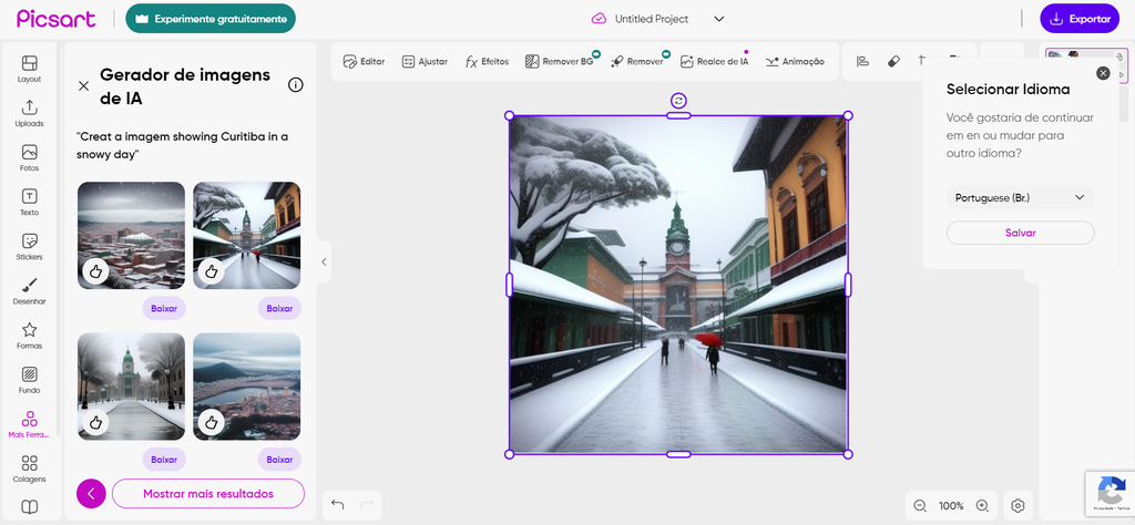 O Picsart IA conta com uma interface semelhante ao Canva na hora de personalizar imagens (Imagem: Captura de tela/Fabrício Calixto/Canaltech)