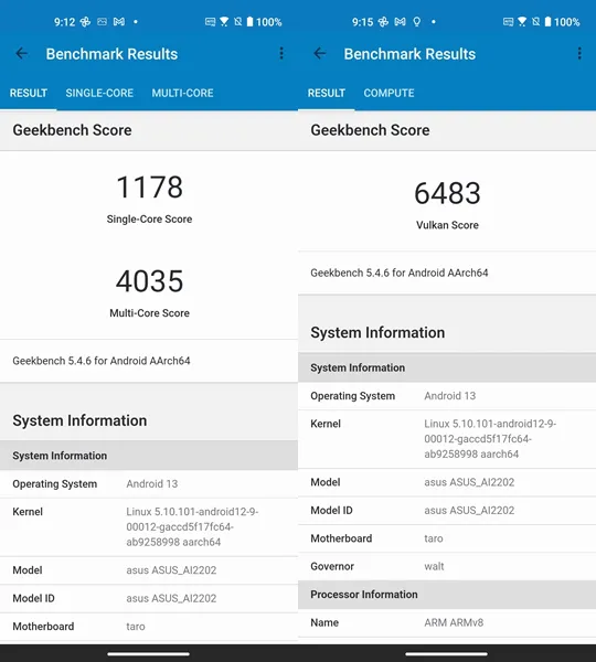 Resultados do benchmark do Zenfone 9 no Geekbench 5 (Captura de tela: Diego Sousa/Canaltech)